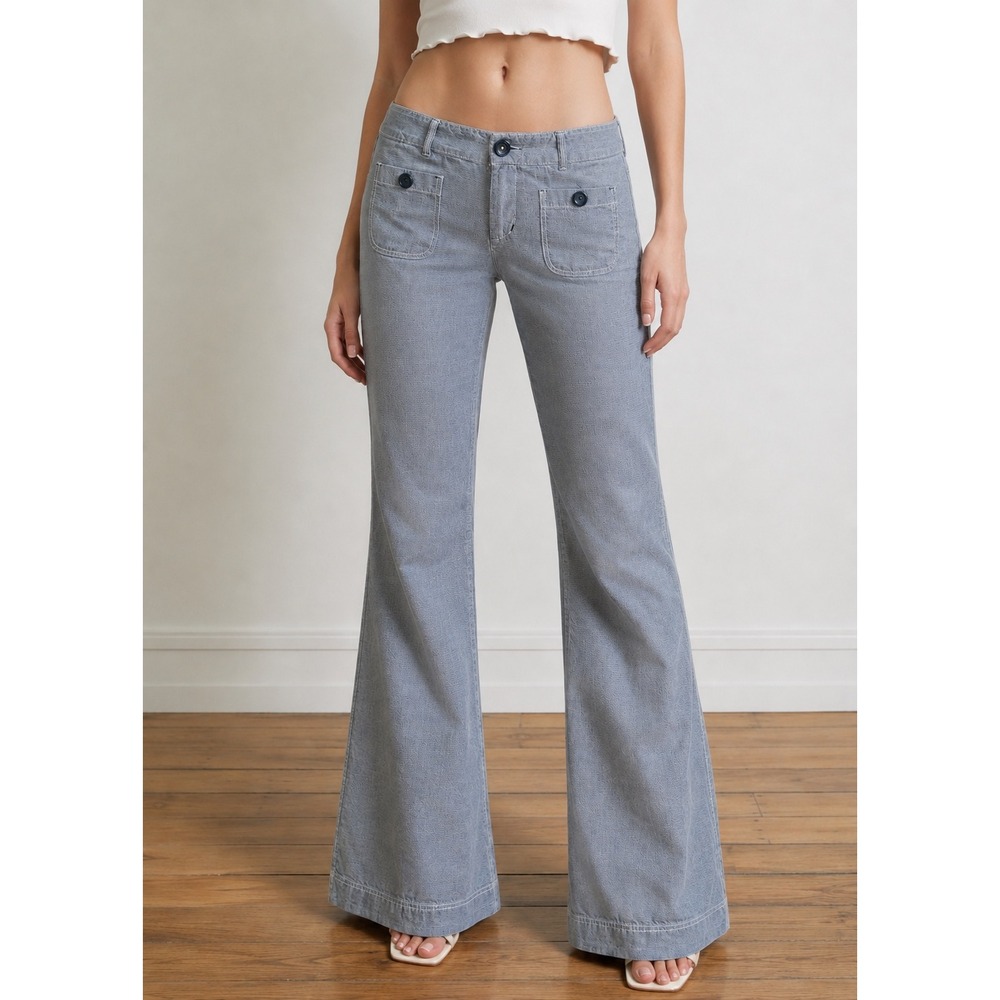Y2K American Eagle Outfitters Wide Leg Chambray Pants Navy White Cotton Sz 14